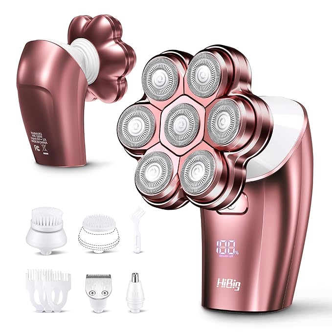 Electric Razors for Women Legs: 5-in-1 Rechargeable Body Shaver 7D Wet &amp Dry Body Trimmer IPX7 Waterproof Lady Hair Remover for Face Underarms Pubic Light Pink