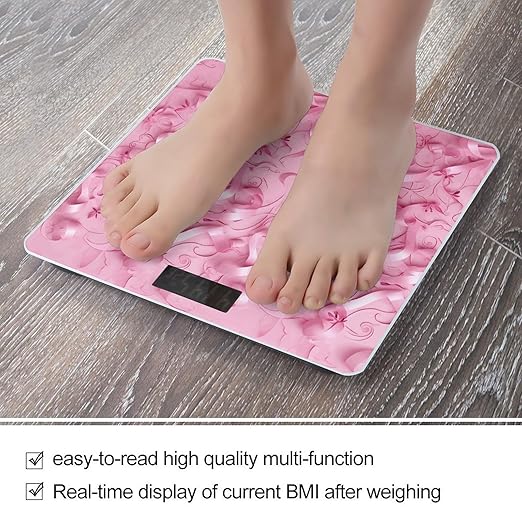 Pink Ribbon Pattern Scale for Body Weight Anti-Slip Digital Bathroom Scale Sturdy Toughened Glass Weighing Scales High Precision Safe Rounded Corners Smart Scales