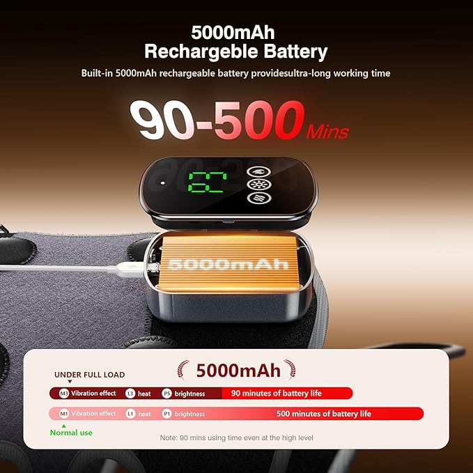 3-in-1 Red Light Therapy Knee Brace with 4 Vibration Massage Areas 5000mAh Rechargeable Heated Knee Massager 660nm&amp850nm Infrared Light Therapy Heated Device for Knee Elbow Shoulder Pain Relief