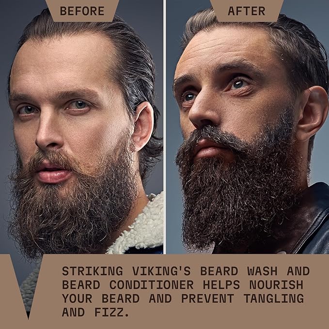 Striking Viking Beard Care Set (Sandalwood) - Paraben &amp Sulfate Free Shampoo with Jojoba Oil - Deep Clean for All Beard Types (10oz Per Bottle)