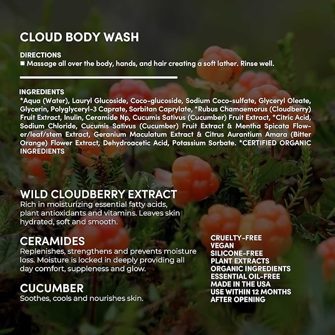 FITGLOW Beauty Cloud Body Wash | Barrier-Protecting Hydrating Gel Cleanser with Ceramides + Cloudberry | Multi-Use for Body Face &amp Hair | Gentle Non-Stripping | 500ml / 16oz