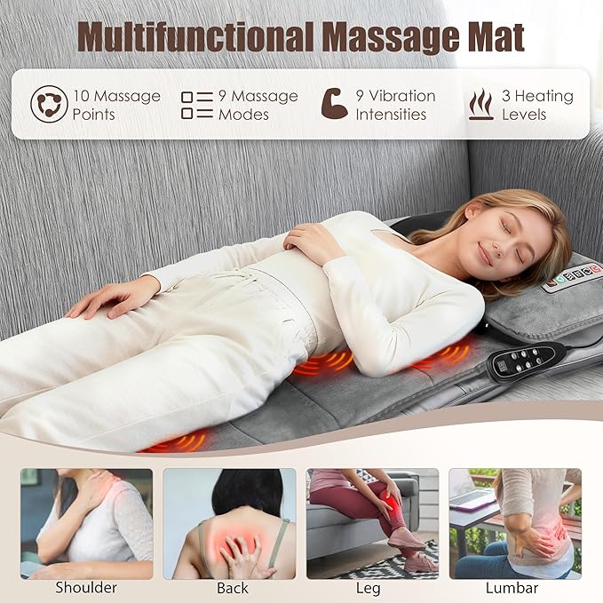 TeqHome Full Body Massage Mat with Heat Massager Pad with 10 Vibration Motors &amp 9 Vibration Modes &amp Auto Shut-Off for Bed Sofa Chair Neck/Back Pain Relief