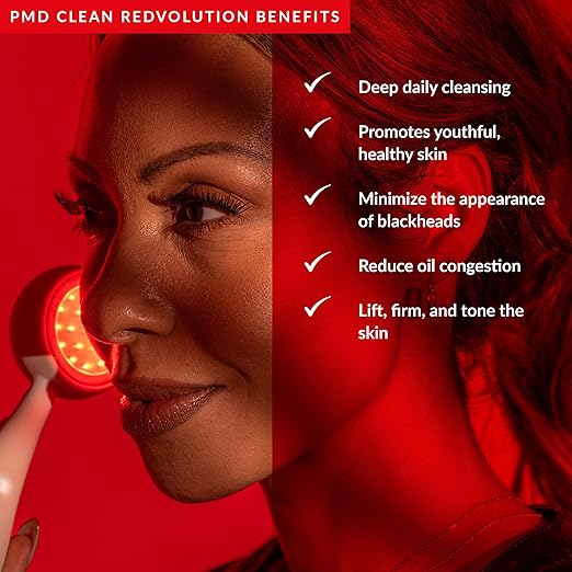 PMD Beauty Clean Acne and Redvolution - Electric Facial Cleansing Brush Smart Facial Device with Silicone Brush &amp Anti-Aging Massager Red and Blue LED Light Cream