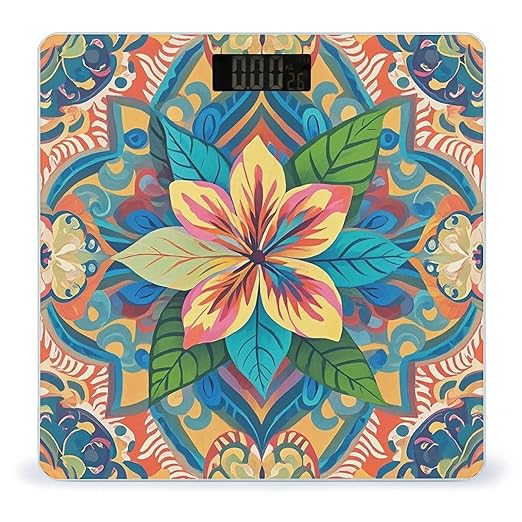 Flowers and Hawaiian Tribal Patterns Scale for Body Weight Sturdy Tempered Glass Weighing Scales with LCD Display Accurate Digital Bathroom Scale Convenient Body Fat Smart Scales Easy Read