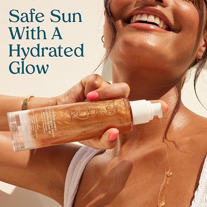 Kopari Sun Shield Body Glow Broad Spectrum SPF 30 Lightweight Shimmering Gel Texture Absorbs Quickly Non Sticky Glowing Results Golden Amber 5 oz