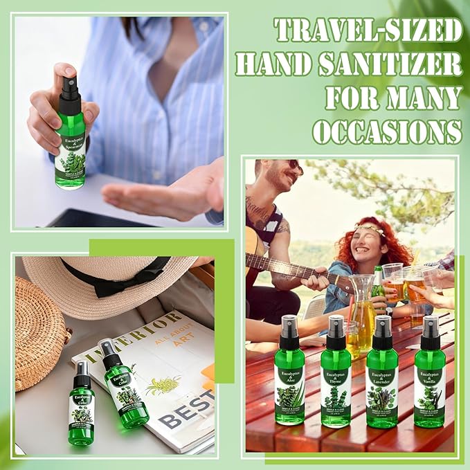 12 Pcs Greenery Eucalyptus Scented Hand Sanitizer Spray with Essential Oil Hydrating Small Hand Sanitizer Spray Travel Size 2 Fl. oz Compact Bottle for Pocket Purse Bag Handbag Desk Drawer Car
