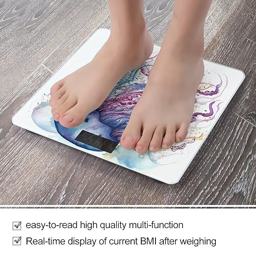 Watercolor Jellyfish Bathroom Scale Automatic Power On/Off Body Scales LCD Backlight Display Square Digital Scale Rounded Corners Bathroom Scales for Home Bedrooms