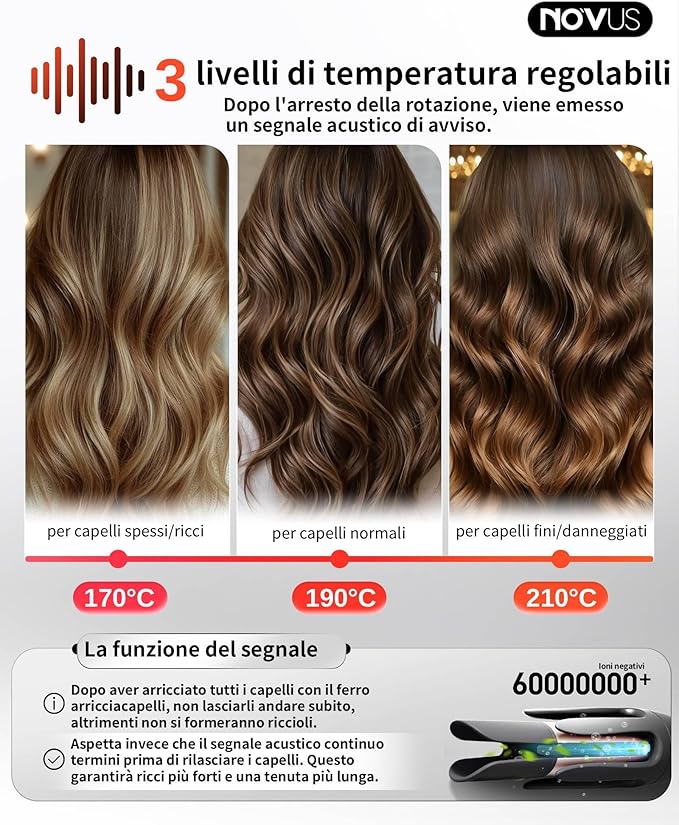 NOVUS 1.25 Inch Automatic Rotating Curling Iron for Effortless Waves and Beach Curls Auto Hair Curler with 60M Ions Anti-Scald Fast Heating for Hair Styling (Black)