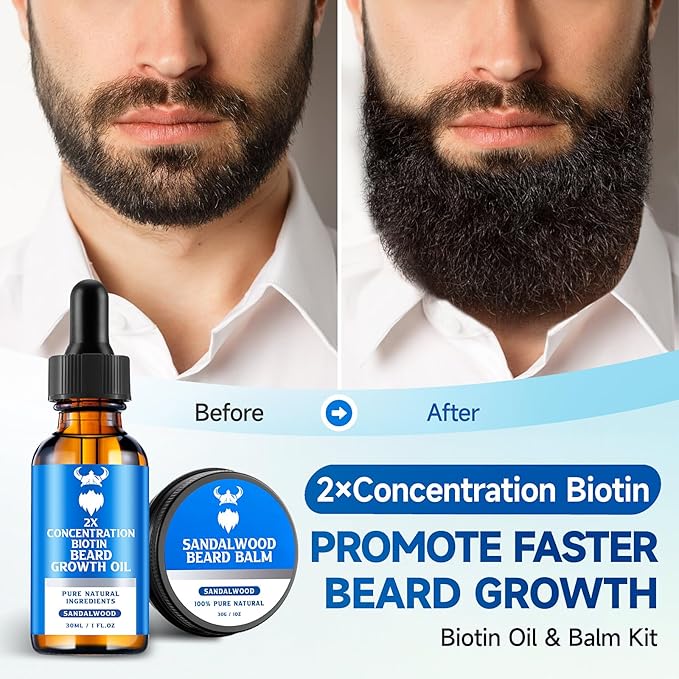 Beard Growth Oil &amp Beard Balm - Beard Growth Kit with 2X Concentration Biotin for Men Natural Ingredients with Argan Oil Jojoba Oil and Vitamin (Sandalwood)
