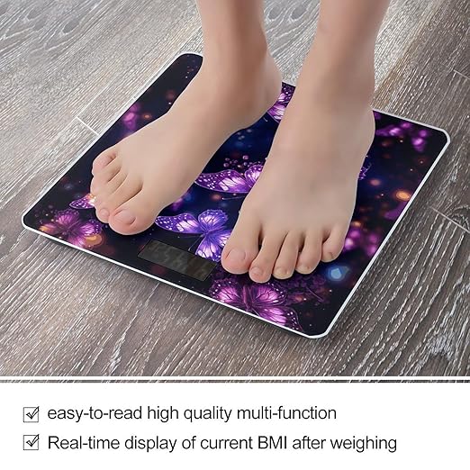 Purple Cute Butterfly Print Bathroom Scale for Body Weight Bathroom Weighing Scale with Backlit LCD Display Highly Accurate Measures Weight Up to 180kg