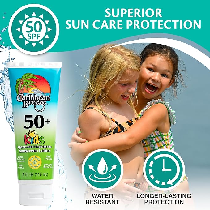 Reef Friendly Kids Sunscreen SPF 50 Mango Lime Scent Body Lotion Rich in Anti-Oxidants Water Resistant Up to 80 Minutes Broad Spectrum 4 oz 2 Pack