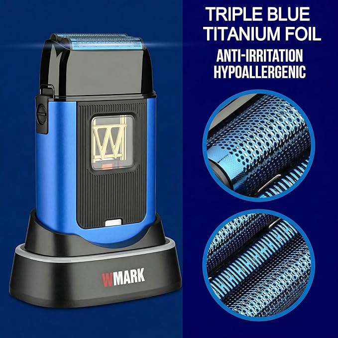 WMARK Electric Foil Shavers for Men Electric Razor for Men Cordless Beard Shaver with UV Protection Maglev Vector Motor 10000RPM Blue-Titanium 3-Blade Floating USB-C Rechargeable NG-XS1 UV
