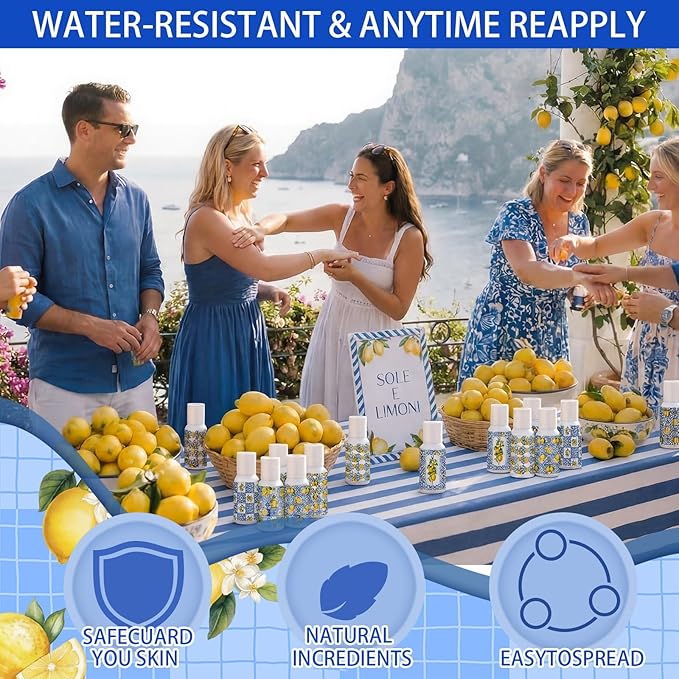 Demissle 24 Pcs Amalfi Coast Party Decorations Travel Size Mini Sunscreen Bulk Spf 30+ Summer Capri Lemon Small Sunscreen for Wedding Bridal Shower Mediterranean Party Decor 1 Fl. oz