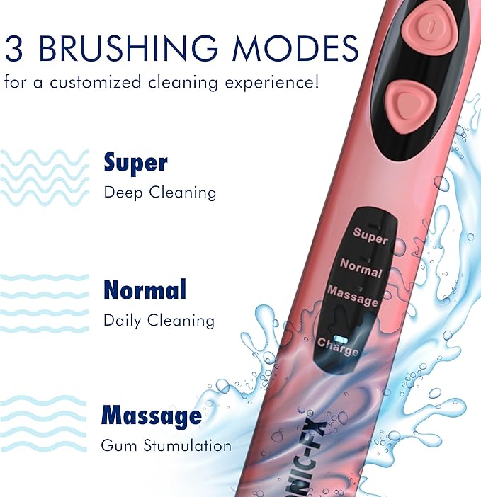 Sonic-FX Solo Electric Toothbrush w/ 10 Brush Heads + 1 Interdental Charcoal Bristles Rechargeable Charging/Storage Base 3 Brush Modes Smart Timer 2 Months Use on Full Charge Coral Color