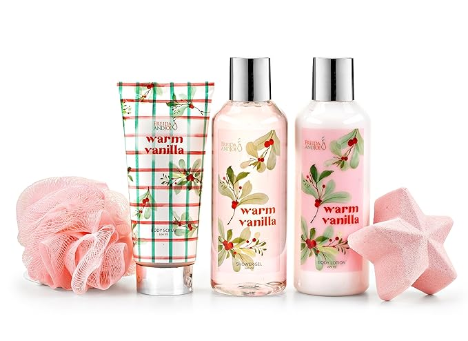 Fragrance Bath &amp Body Collection Gift Box Includes Shower Gel Body Lotion Body Scrub Bath Bomb &amp Sponge (Warm Vanilla - Pink) – Mother's Day Gift for Mom