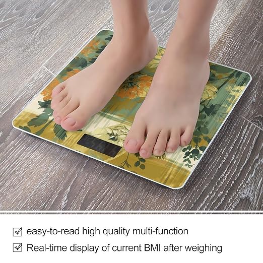 Natural Colorful Flowers Scale for Body Weight Anti-Slip Tempered Glass Digital Bathroom Scales Clear LCD Display Weighing Scale Safe Rounded Corners Smart Scales