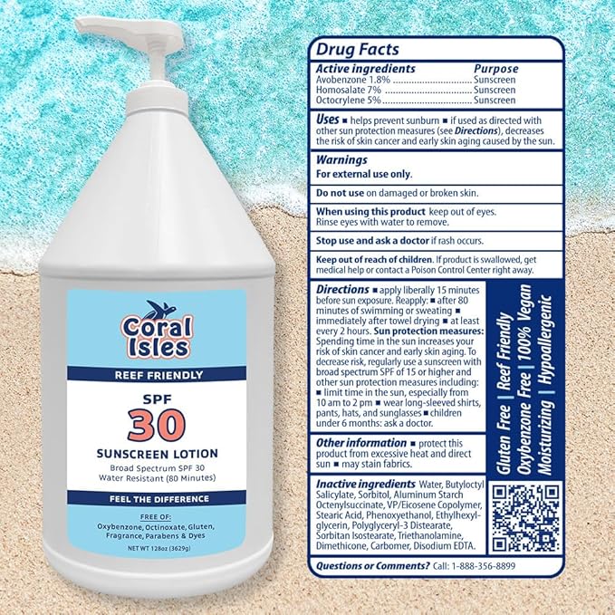 Coral Isles by Rocky Mountain Sunscreen | SPF 30 Lotion | Broad Spectrum UVA/UVB Protection | Hawaii Reef-Safe Act Compliant | Oxybenzone &amp Octinoxate Free | Water Resistant 80 Min. | 128 Fl Oz
