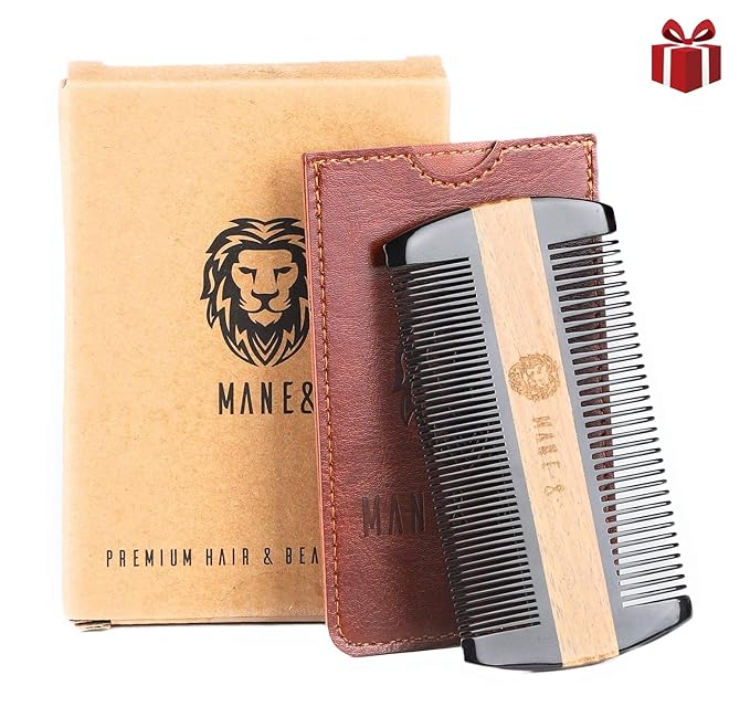 Premium Natural Ox horn and Sandalwood Beard Comb Dual-Action | Double Sided Beard &amp Mustache Comb with Brown Protective Case | Perfect Grooming Companion &amp Gift for Men – by Man &amp Mane