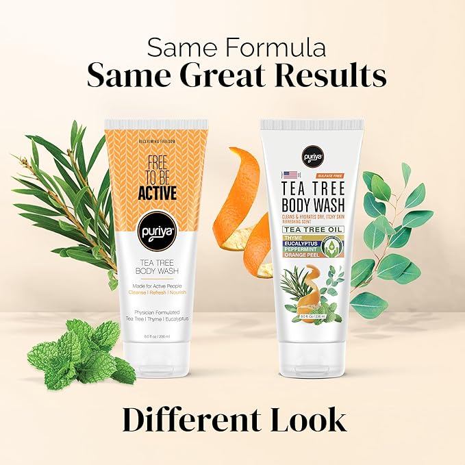 Puriya Tea Tree Body Wash Use with Jock Itch Athletes Foot Body Back Acne Treatment Moisturizing Natural Wash for Men Women Dry Skin Eucalyptus Mint Oil Shower Gel Soap