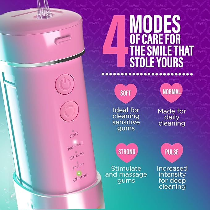GuruNanda Compact Water Dental Flosser Portable Travel Size Oral Irrigator Flosser with Collapsible 180 ml Tank Smart Timer 4 Flossing Modes TSA-Friendly - Pink