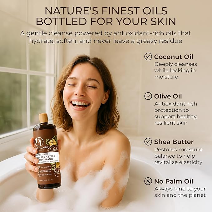Dr. Jacobs Naturals Pure Castile Soap Liquid Body Wash Shea Butter - Plant Based Soap Infused with Vitamin E and Aloe Vera to Moisturize Dry and Sensitive Skin - Made in the USA - 32 oz Pack of 2