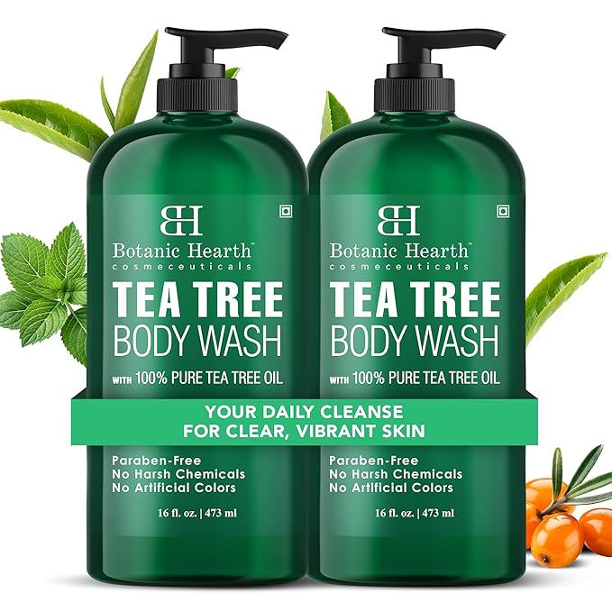 Botanic Hearth Tea Tree Body Wash 16 fl oz (2 Pack) Natural Antifungal &amp Odor Control Shower Gel for Acne Athlete’s Foot Ringworm Jock Itch Healthy Skin Sulfate &amp Paraben Free for Men &a