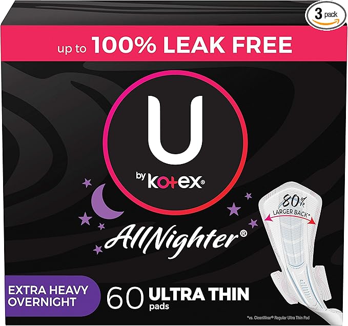 U by Kotex AllNighter Extra Heavy Overnight Feminine Pads with Wings Ultra Thin 60 Count (3 Packs of 20) (Packaging May Vary)