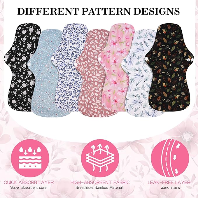 PHOGARY 7 Pack Reusable Menstrual Pads Large Sanitary Pads Set for Heavy Flow with 1 Wet Bag Washable Overnight Cloth Panty Liners with Wings for Women 33cm
