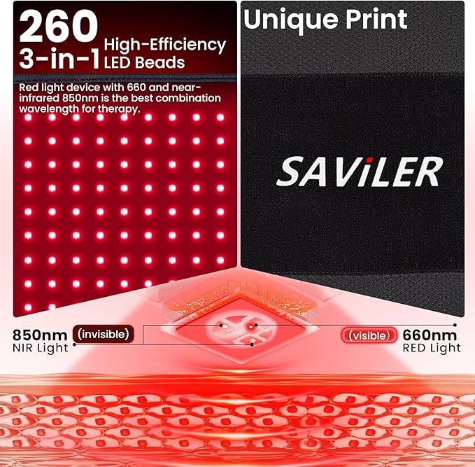SAVILER® 24’’ x 13.8’’ Large Red Light Therapy Pad for Body 260 LEDs Light Therapy Mat with Timer 32W Near Infrared Light Therapy Wrap for Back Shoulder Joint Muscle Pain Relief