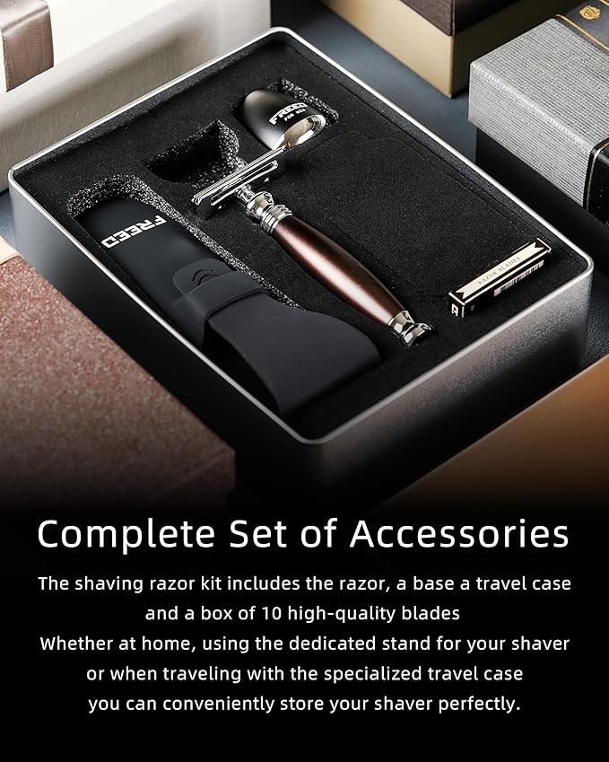 FREED Customized gifts Engraving Shaving Kit - Safety Razor with metal handle include razor base razor travel case and 10 bladesit's the best gift for men (saddleBrown)