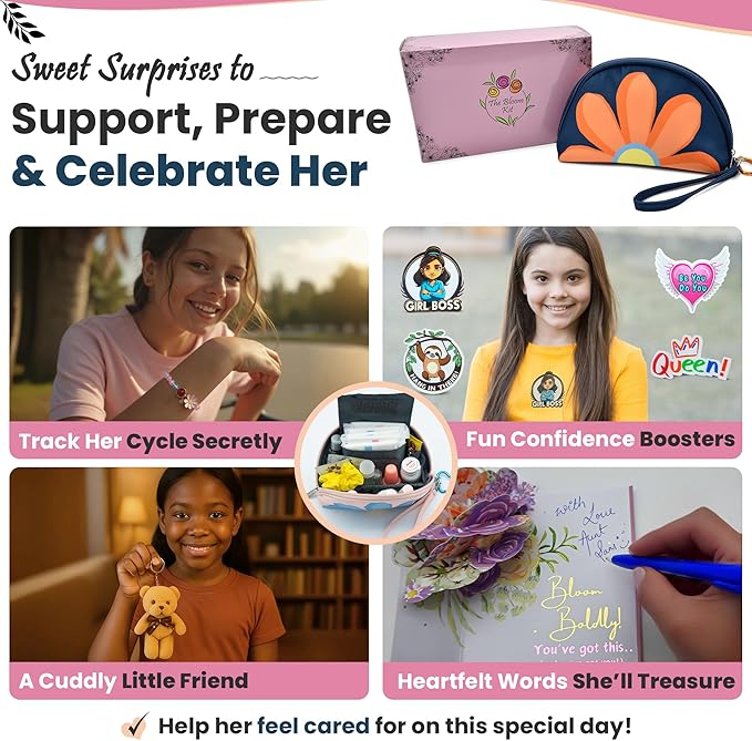 The Bloom First Period Kit for Girls 9-10-12-14 for School Menstrual Starter Kit Gifts for Teens Girls Includes Sanitary Napkin Storage Bag Pads Wipes Ebook Period Tracker Blue (30-PC)
