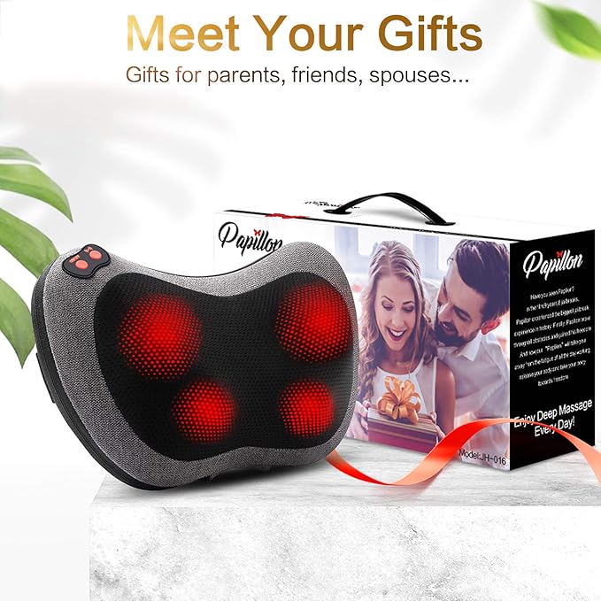Papillon Shiatsu Back Massager with Heat Deep Tissue Massage Pillow for NeckShoulderFoot &amp Lower Back Pain ReliefElectric Kneading Massager for Home Office Car-Gifts for Mom Dad Men Women