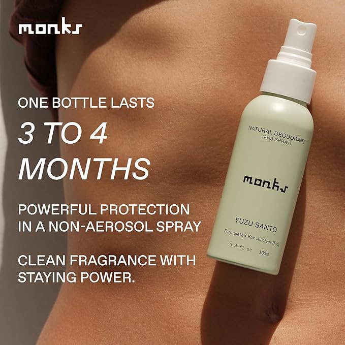 MONKS Whole Body Natural Deodorant Spray - For Women and Men Aluminum-Free Baking Soda Free Probiotics Organic AHA’s Pure Essential Oils (Yuzu Santo)