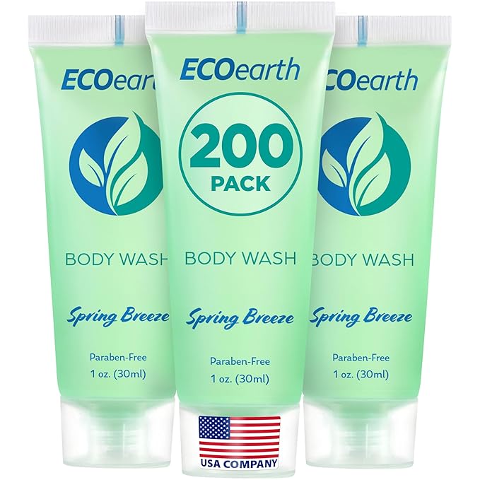 EcoEarth Travel Size Body Wash (1 fl oz 200 PK Spring Breeze) Delight Your Guests with a Revitalizing and Refreshing Hotel Body Wash Quality Mini and Small Size Guest Hotel Toiletries in Bulk