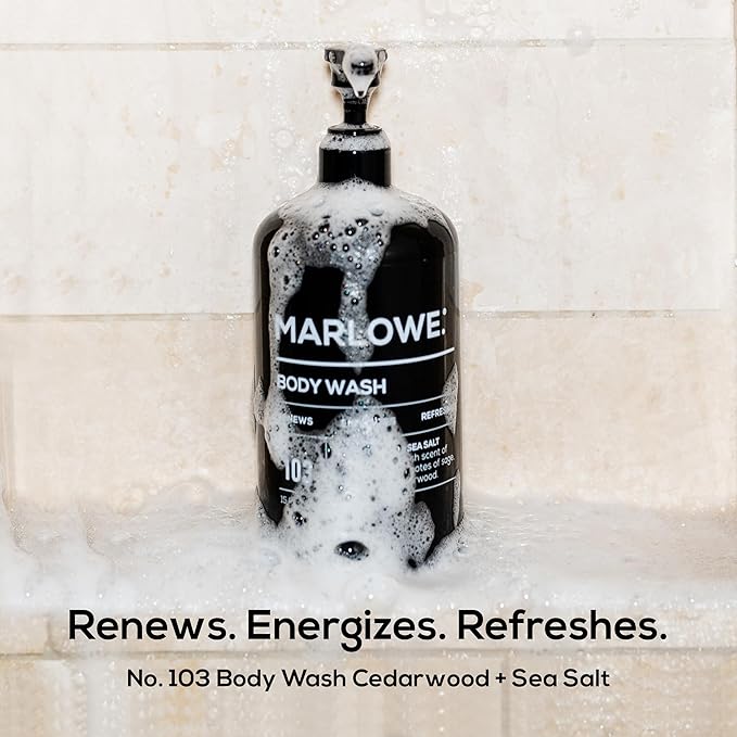 MARLOWE. Men’s Cedarwood + Sea Salt Body Care Bundle – No. 103 Body Wash 15 oz No. 024 Aluminum-Free Deodorant 2.5 oz &amp No. 102 Exfoliating Body Scrub Soap 7 oz Fresh &amp Zesty Scent
