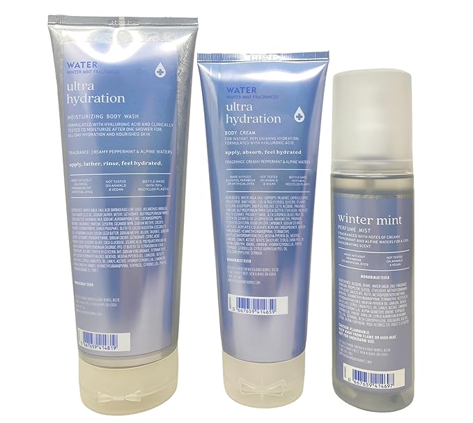 Bath &amp Body Works Water Winter Mint Moisturizing Body Wash Body Cream and Perfume Mist with a Himalayan Salts Springs Sample Soap