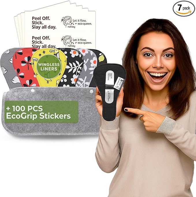 2-in-1 Wingless Reusable Panty Liners with Camel Concealer Toe (Thong 7 Pack) - Stay-Put Adhesive Strips – 100% Breathable Organic Cotton &amp High-Temp Washable Cloth - Secure All-Day Fit - Made in