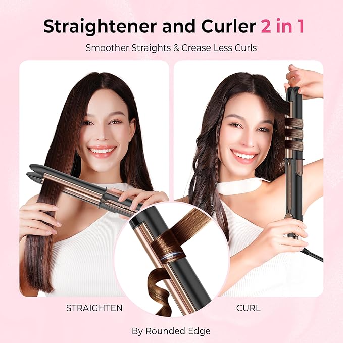 Ceramic Flat Iron Hair Straightener &amp Curler 12 Adjustable Temp &amp Dual Voltage Hair Straightener for Women for Smooth Frizz-Free Styling for All Hair Types (Black)