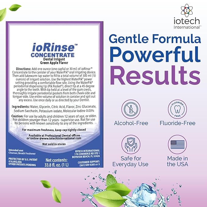 ioRinse Concentrated Irrigant with Active Molecular Iodine Alcohol-Free Dental Irrigant for use with Waterpik Water Flossers and All Other Oral Irrigation Devices