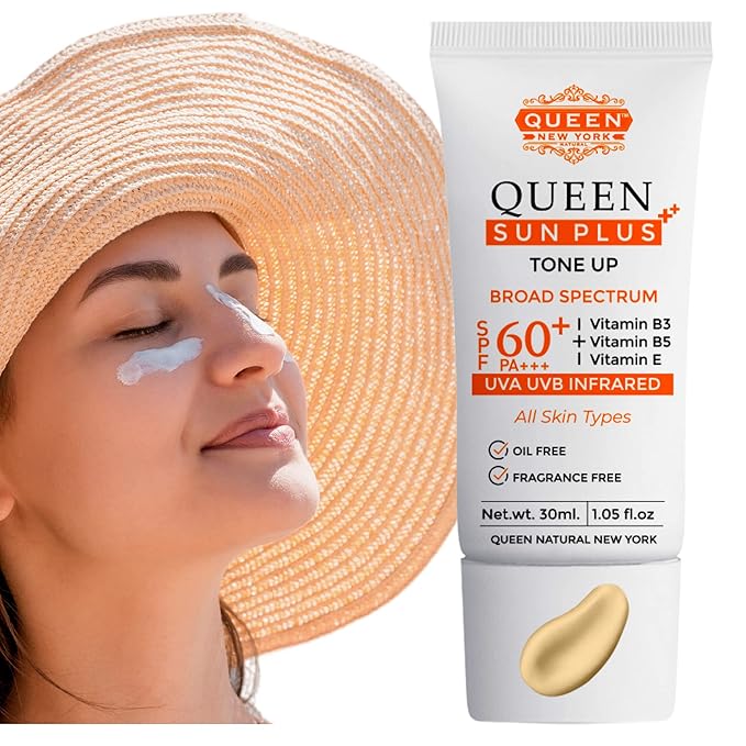 QUEEN SUN PLUS + QUEEN AM GLOW Sunscreen SPF 60 Primer-Anti Aging Face Moisturizer- Vitamin B3 B5 E- Non-Greasy Silky Touch Instant dry-oil free fragrance free by QUEEN NATURAL NEW YORK