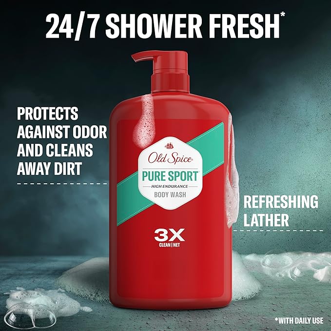 Old Spice Refreshing Body Wash for Men High Endurance 3X Defense 24/7 Shower Fresh with Long Lasting Scent Pure Sport Scent 33.4 oz (Pack of 4)