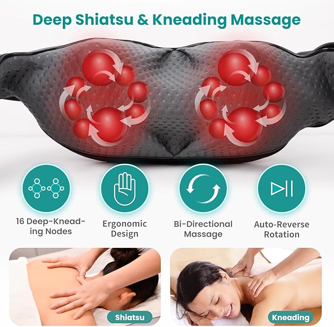 Nekteck Shiatsu Neck Massager with Heat for Pain Relief Deep Tissue 2026 Upgraded 3D Back Shoulder Kneading Massage Pillow Body Muscle Relaxation Tools Gifts for Him Her Black (NOT Cordless)