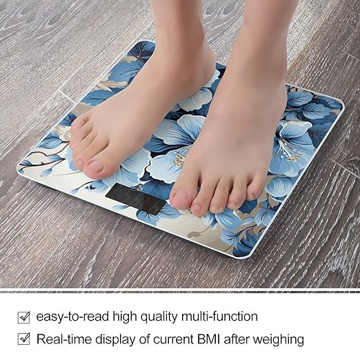 Blue Hibiscus Flower Bathroom Scale for Body Weight LCD Display Digital Bathroom Scale Tempered Glass Bathroom Weight Scales Fashion Smart Scales for Home Bedroom 400 Lb