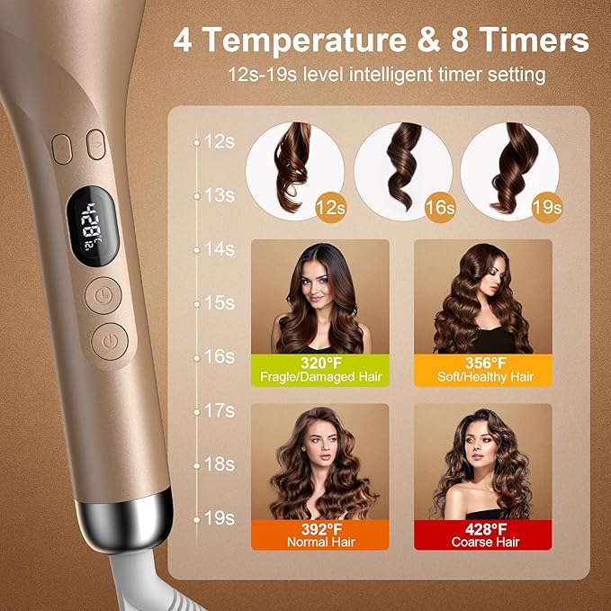 Hair Curling IronsAutomatic Portable Rotating Curling Iron with LCD Display4Temperature SettingsTimers(12-19s)Auto Shut-OffAnti-ScaldAnti-TangleLightweightFast Heating&ampEasy Use for Travel