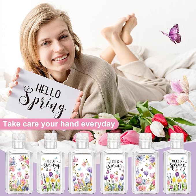 50 Pcs Hello Spring Mini Hand Sanitizers Bulk 1fl oz Travel Size Portable Tulip Flower Scented Hand Soap Gifts Small Spring Hand Sanitizer for Nurse Coworker Teacher Office Gifts