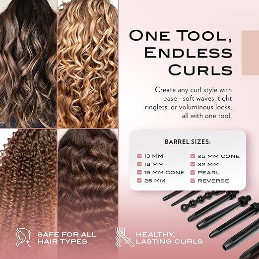 NuMe Octowand 8-in-1 Curling Wand Set Interchangeable Tourmaline Ceramic Barrels 13mm - 32mm Heat-Resistant Glove and Travel Case LCD Digital Display