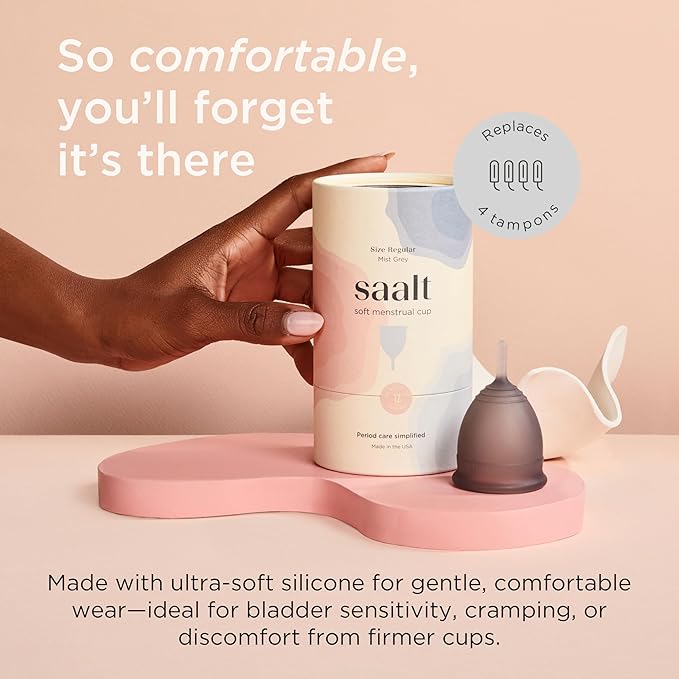 Saalt Soft Menstrual Cup – Reusable Period Cup – Made for Comfortable Leak-Free Protection Up to 12 Hours – BPA &amp Latex Free – Includes Cup &amp Carry Bag (Regular Grey)