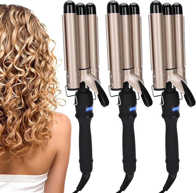 Three Barrel Curling Iron 30 Seconds Hair Waver Waving Styling Hair Curling Iron Gold 3 Barrel Hair Waver Compatiable for Thick and Hard Hair (US32mm)