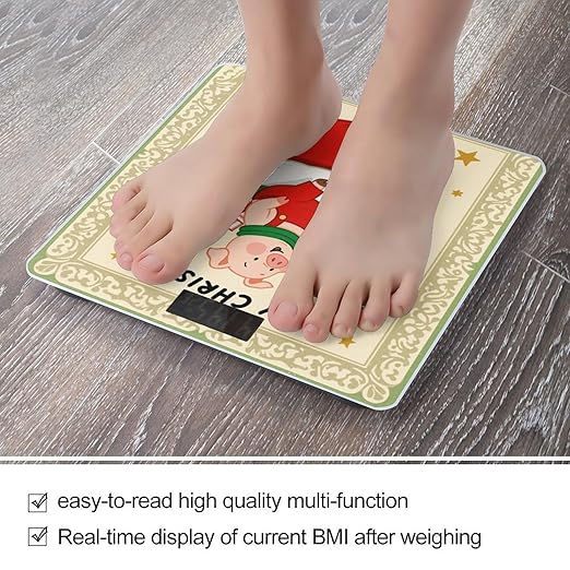 Christmas Pig Print Scale for Body Weight Sturdy Tempered Glass Weighing Scales with LCD Display Accurate Digital Bathroom Scale Convenient Body Fat Smart Scales Easy Read