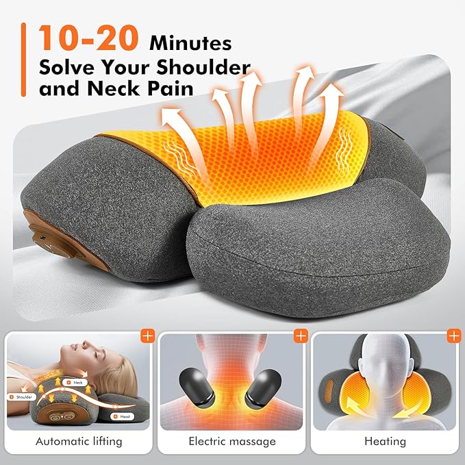3-in-1 Heated Neck Massager Pillow for Pain Relief Deep Tissue Massage with Heat Vibration &amp Airbag Traction Portable Ergonomic Design Gift for Women/Men